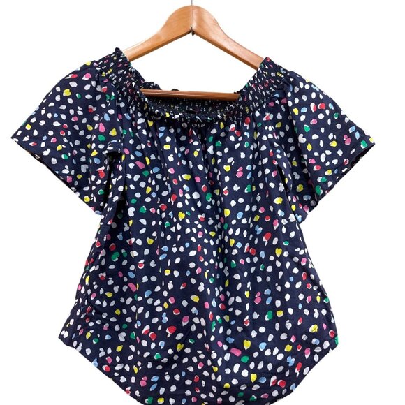J. Crew Womens Off-The-Shoulder Smocked Top Size 2 Multicolor Dot Print - Picture 2 of 7